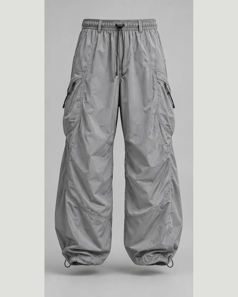 Signal Parachute Pants — Silver gray, front view